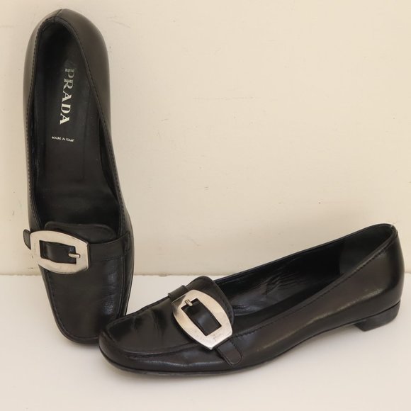 Prada Black Leather Loafers with Silver Buckle size 37 - Picture 1 of 7